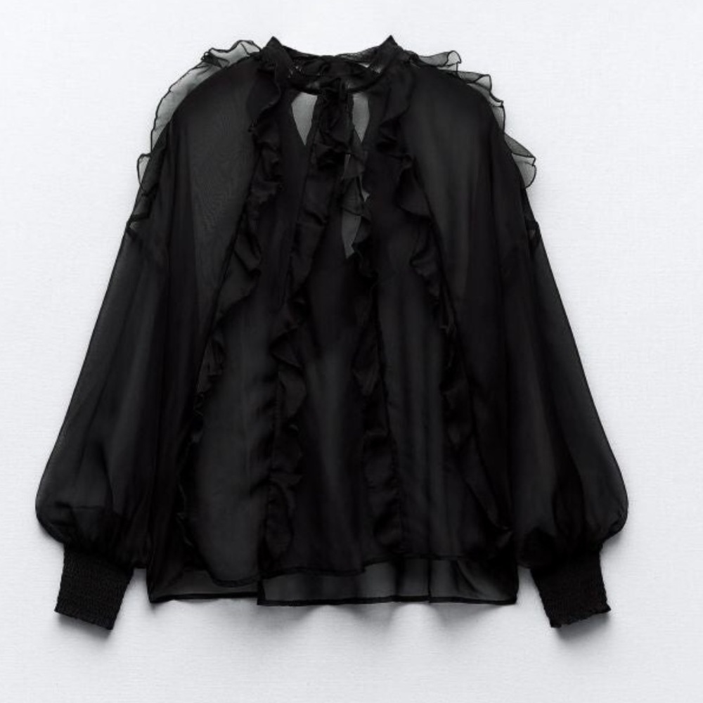 ZARA Elegant Black Sheer‎ Ruffle Blouse back ties smocked cuffs top blouse Sz M